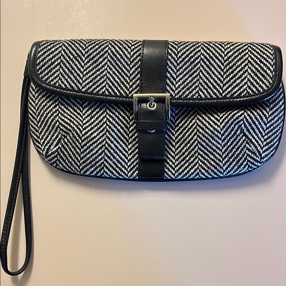 Herringbone Pattern Clutch Wristlet with Black Leather Trim